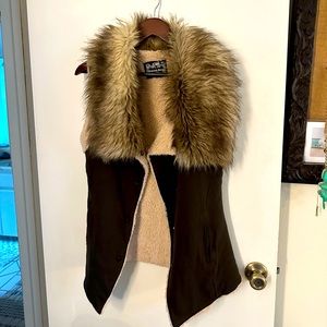 Twisted heart sweater vest with faux fur. Olive Green with tan interior